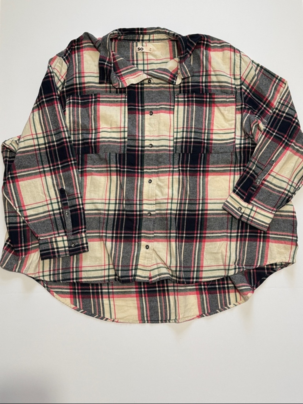 SO Plaid Button-Down Shirt in Cream, Black & Red